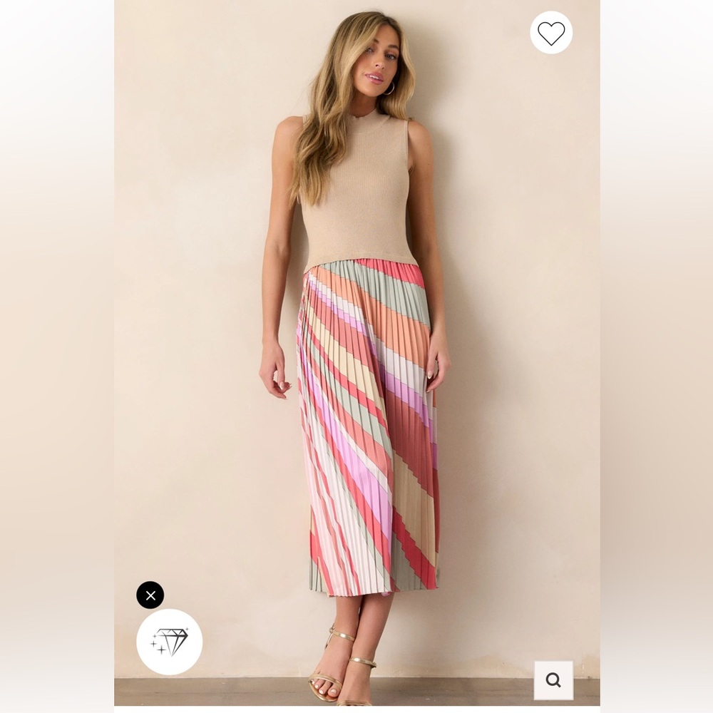 Pleated Multi-Color Stripe Midi Skirt - Pink & Coral Medium skies are blue - Picture 6 of 13